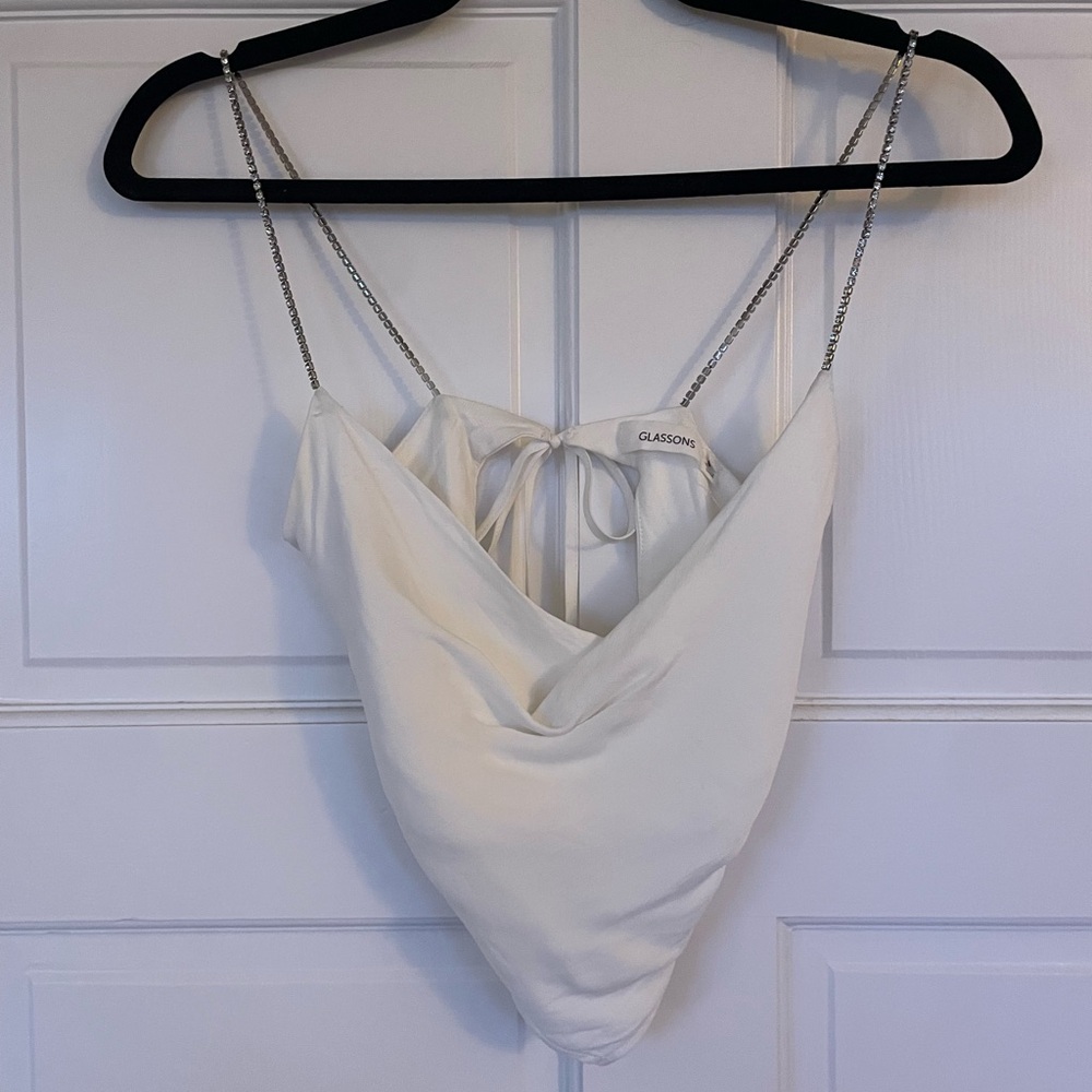 White Cowl Neck Chain Strap Top